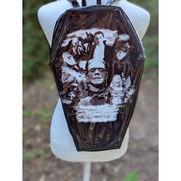 Rock Rebel Universal Monsters Coffin Backpack Dracula Mummy Frankenstein EUC - Picture 2 of 14